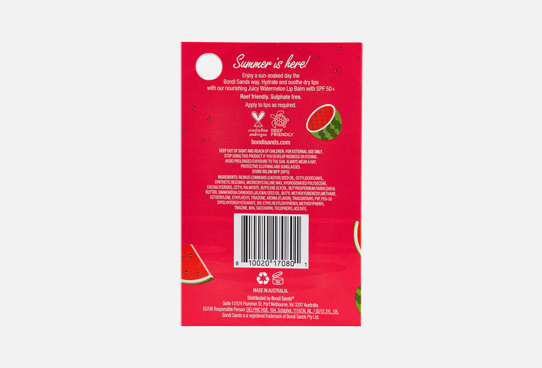 Bondi Sands Nourishing Lip Balm SPF 50+ Sunscreen Lip Care Watermelon